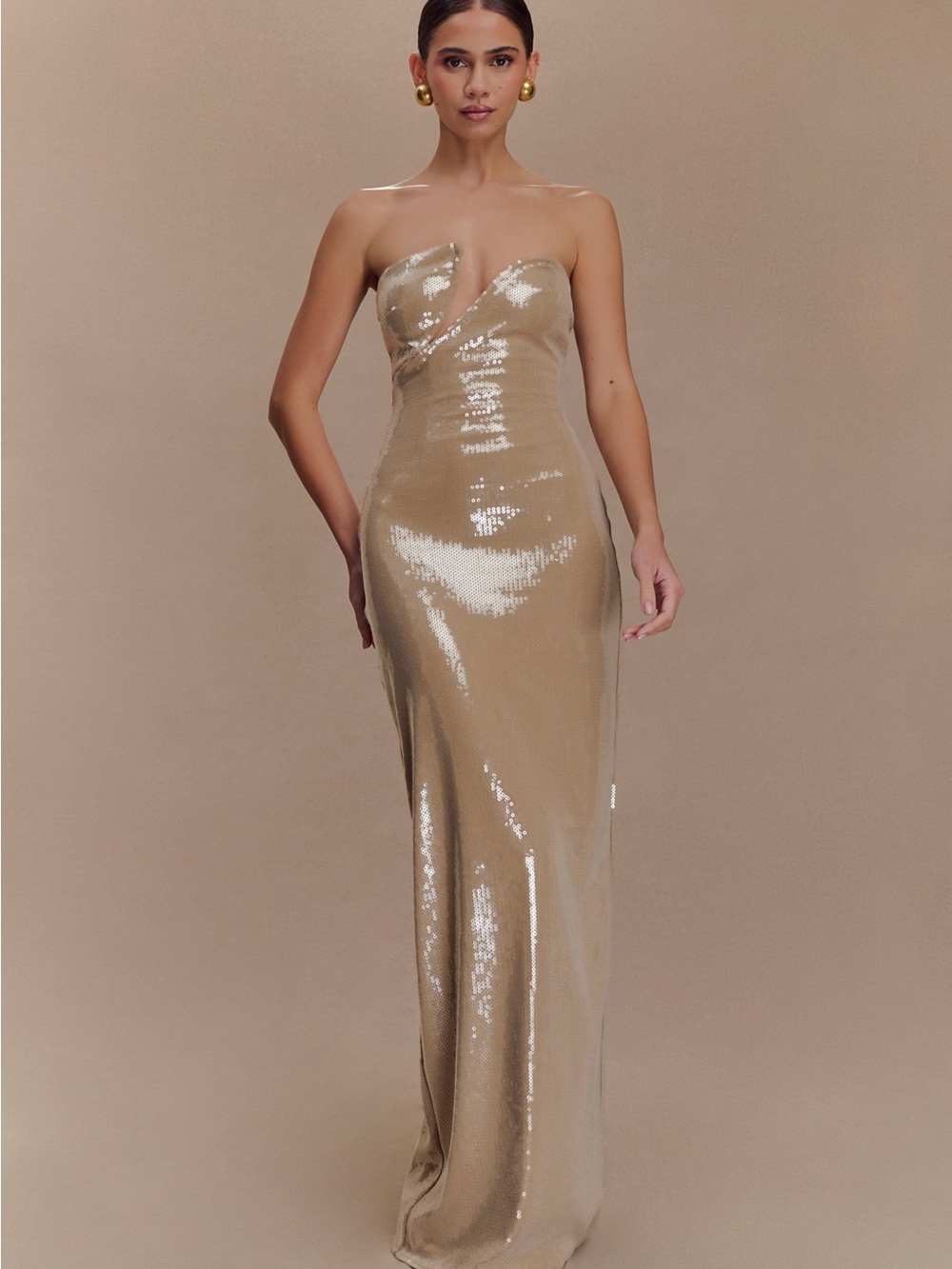 Meshki Strapless Sequin Gown in Gold